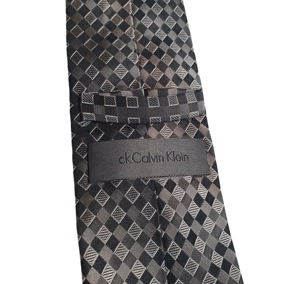 Vintage Designer Calvin Klein Men Checkered Black Gray Silk Necktie Slim Skinny - Picture 4 of 5